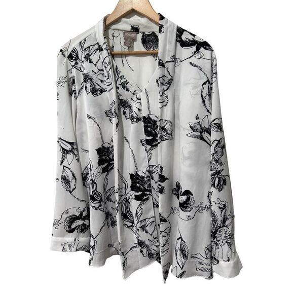 Chico's Bloom Floral Sketch Scarf Layered Blouse Black White Size Large - Picture 2 of 12